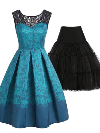2 pezzi blu anni '50 vestito e sottoveste nera