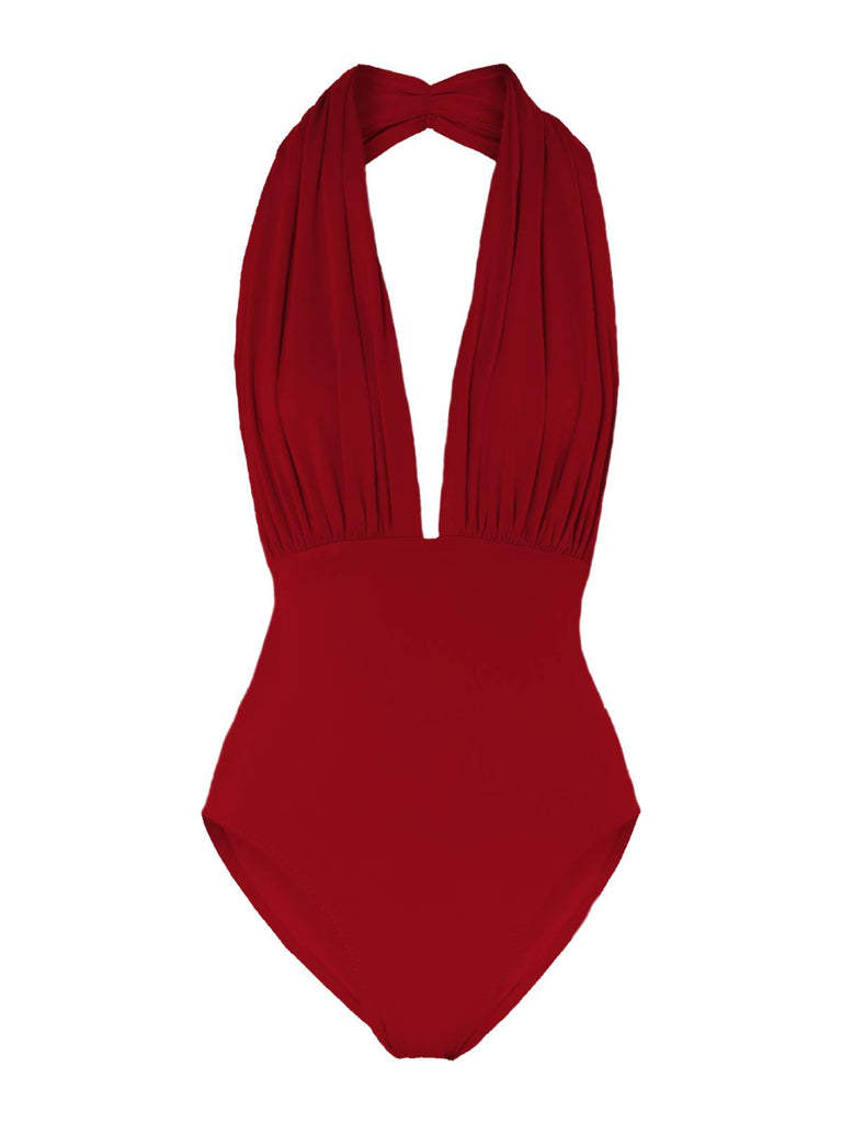 Costume intero rosso retrò con scollo all'americana in tinta unita