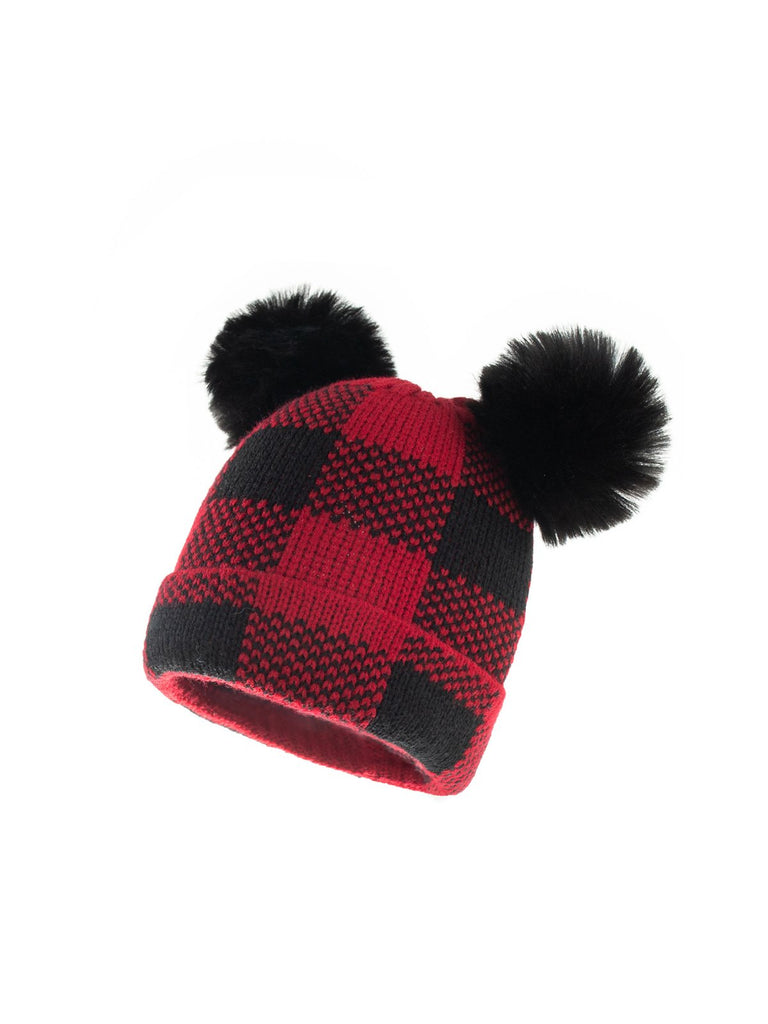 Cappello da genitore lavorato a maglia con palla di pelo scozzese rosso e nero