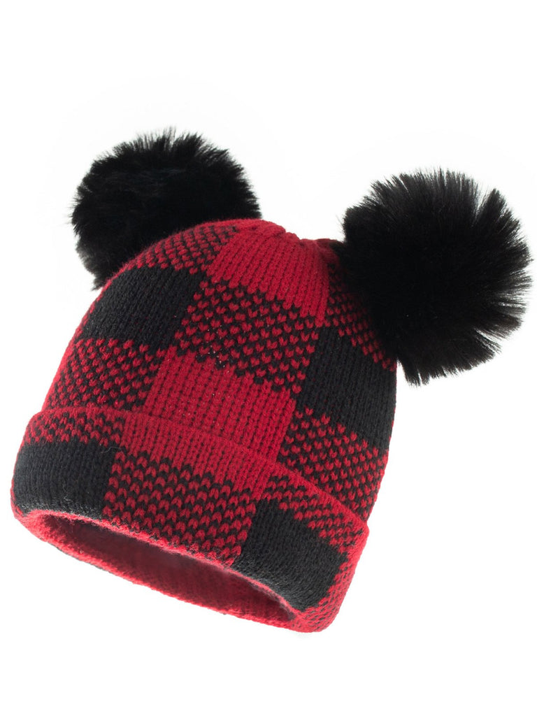 Cappello da bambino lavorato a maglia con palla di pelo scozzese rosso e nero
