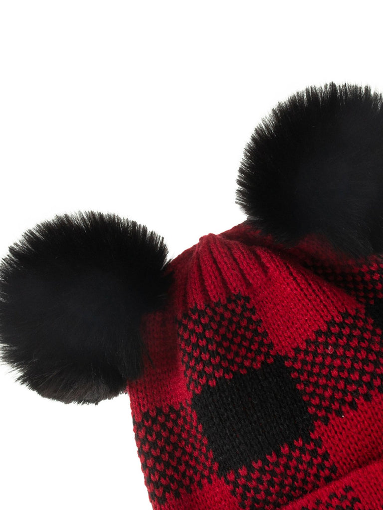 Cappello da bambino lavorato a maglia con palla di pelo scozzese rosso e nero