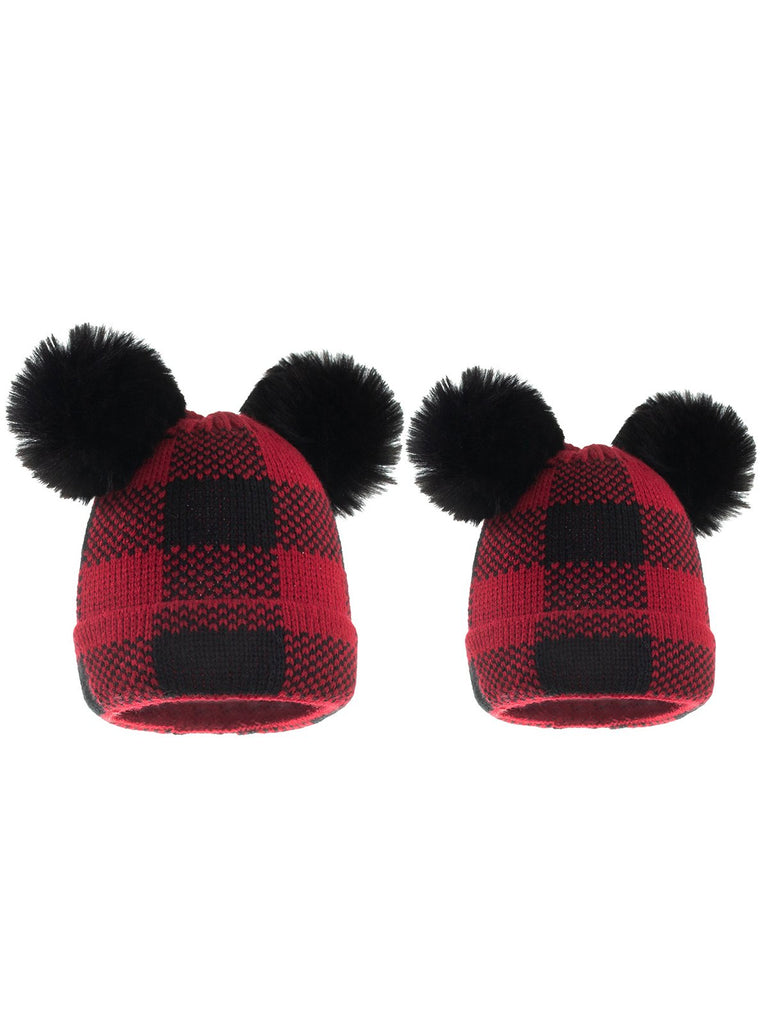 Cappello da bambino lavorato a maglia con palla di pelo scozzese rosso e nero