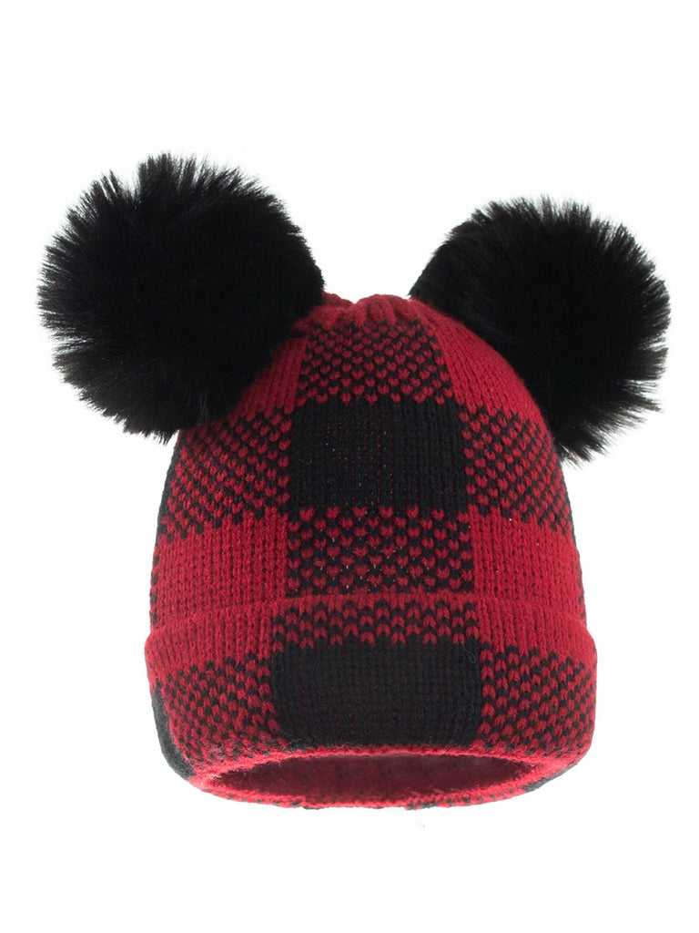 Cappello da bambino lavorato a maglia con palla di pelo scozzese rosso e nero