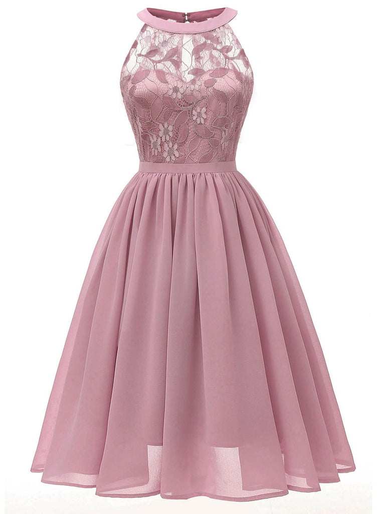 Abito svasato in pizzo floreale anni '50 rosa