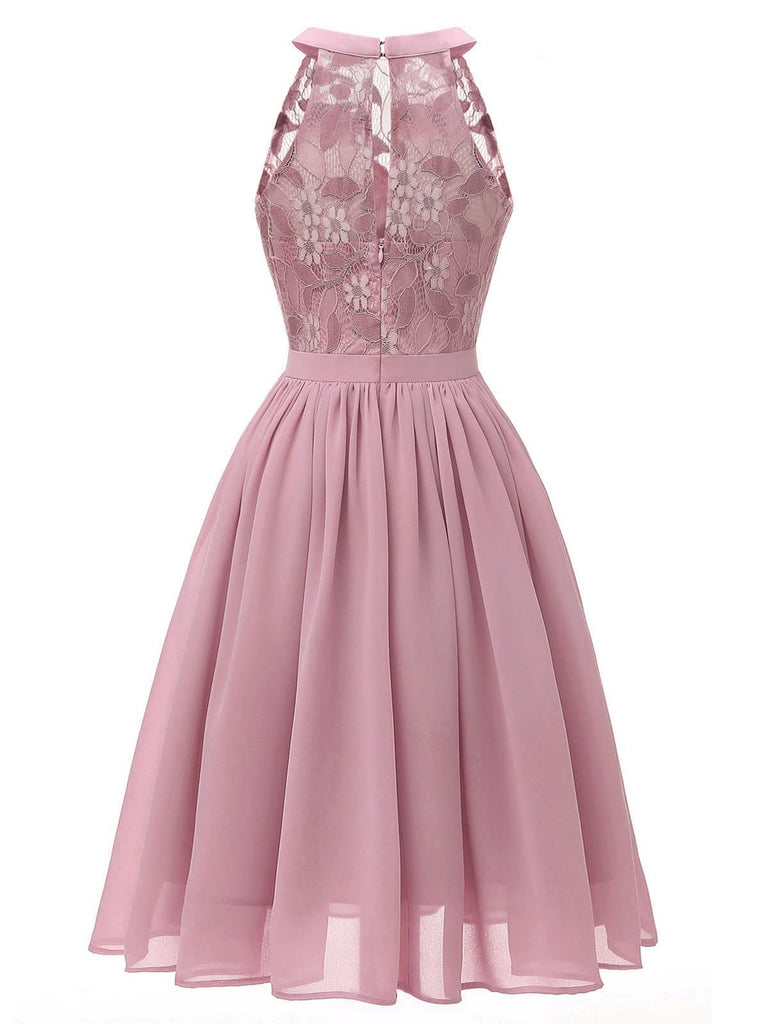 Abito svasato in pizzo floreale anni '50 rosa