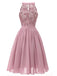 Abito svasato in pizzo floreale anni '50 rosa