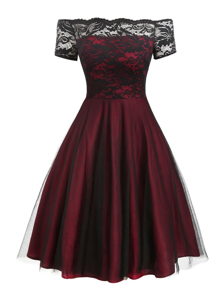 Abito svasato in pizzo con spalle scoperte bordeaux anni '50
