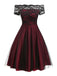Abito svasato in pizzo con spalle scoperte bordeaux anni '50