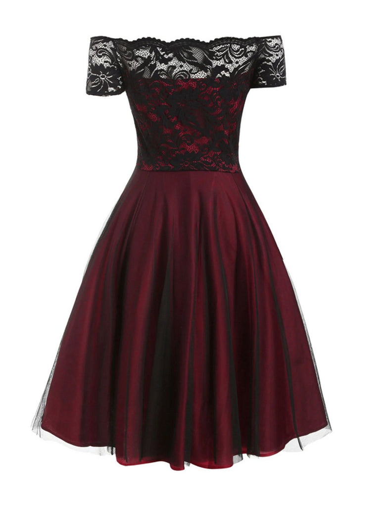 Abito svasato in pizzo con spalle scoperte bordeaux anni '50