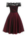 Abito svasato in pizzo con spalle scoperte bordeaux anni '50