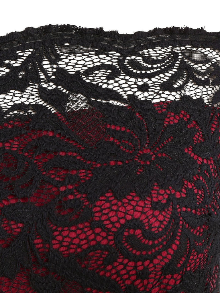 Abito svasato in pizzo con spalle scoperte bordeaux anni '50