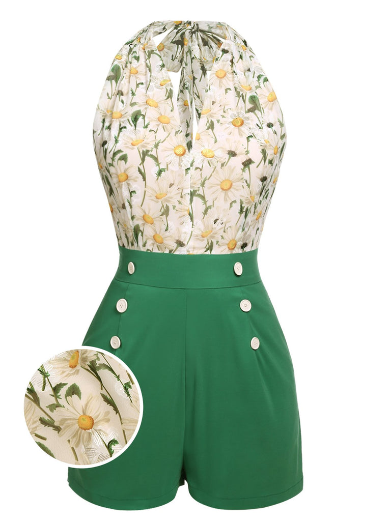 Verde anni '50 Pagliaccetti floreale Senza Maniche Donna