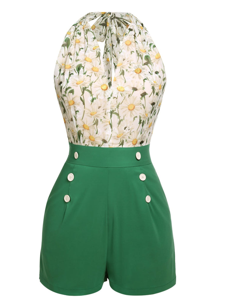 Verde anni '50 Pagliaccetti floreale Senza Maniche Donna