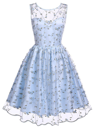 Abito blu in pizzo con ricamo floreale anni '50