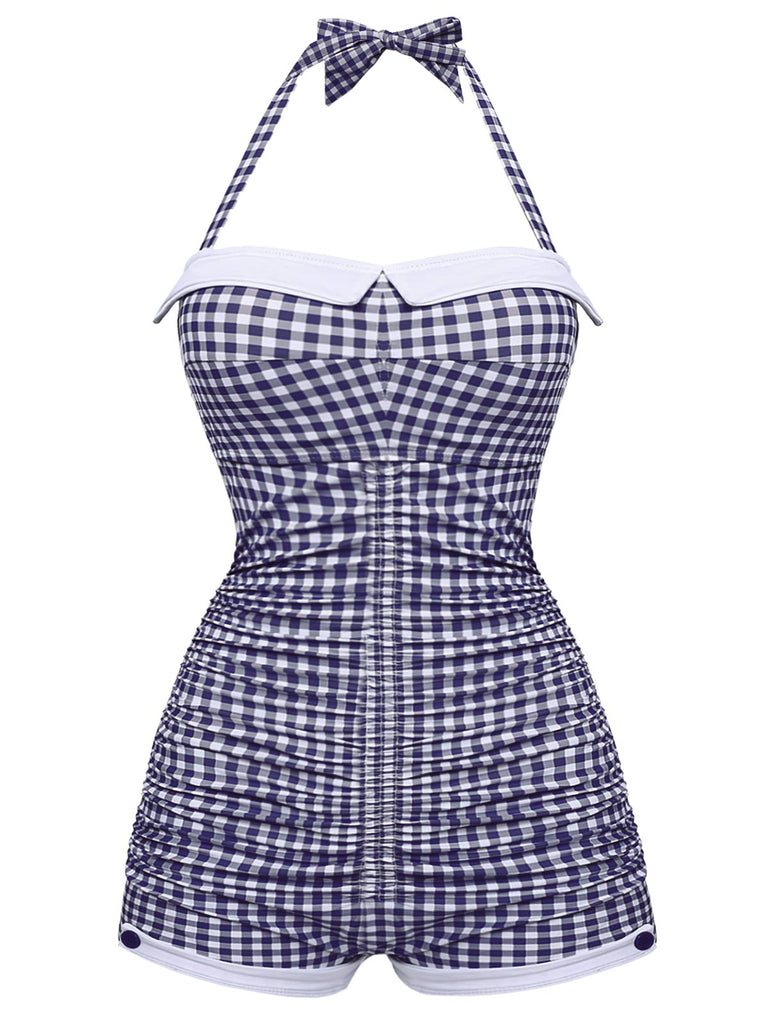 Costumi intero a quadri con fiocco blu anni '50