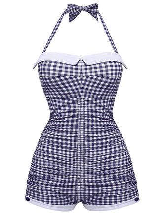 Costumi intero a quadri con fiocco blu anni '50