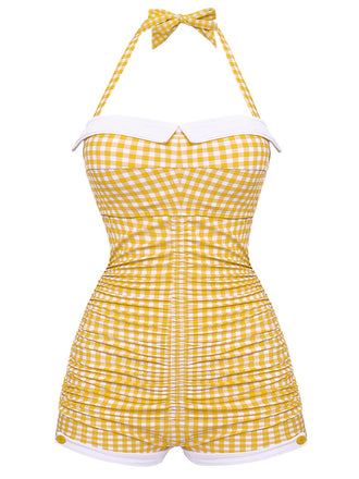 Costumi intero a quadri con fiocco giallo anni '50