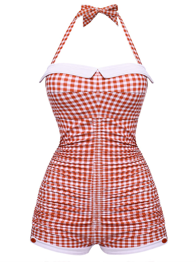 Costumi intero a quadri con fiocco blu anni '50