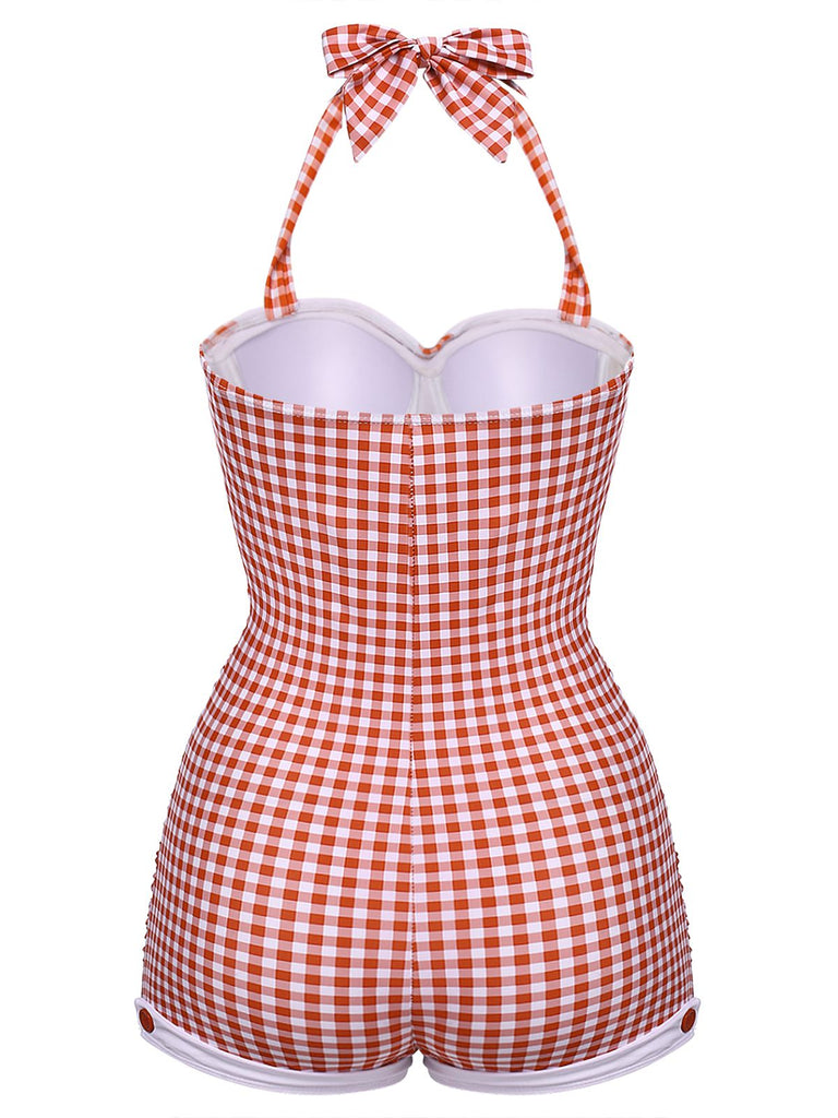Costumi intero a quadri con fiocco blu anni '50