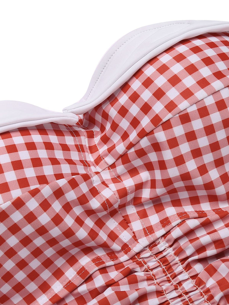 Costumi intero a quadri con fiocco rosso anni '50