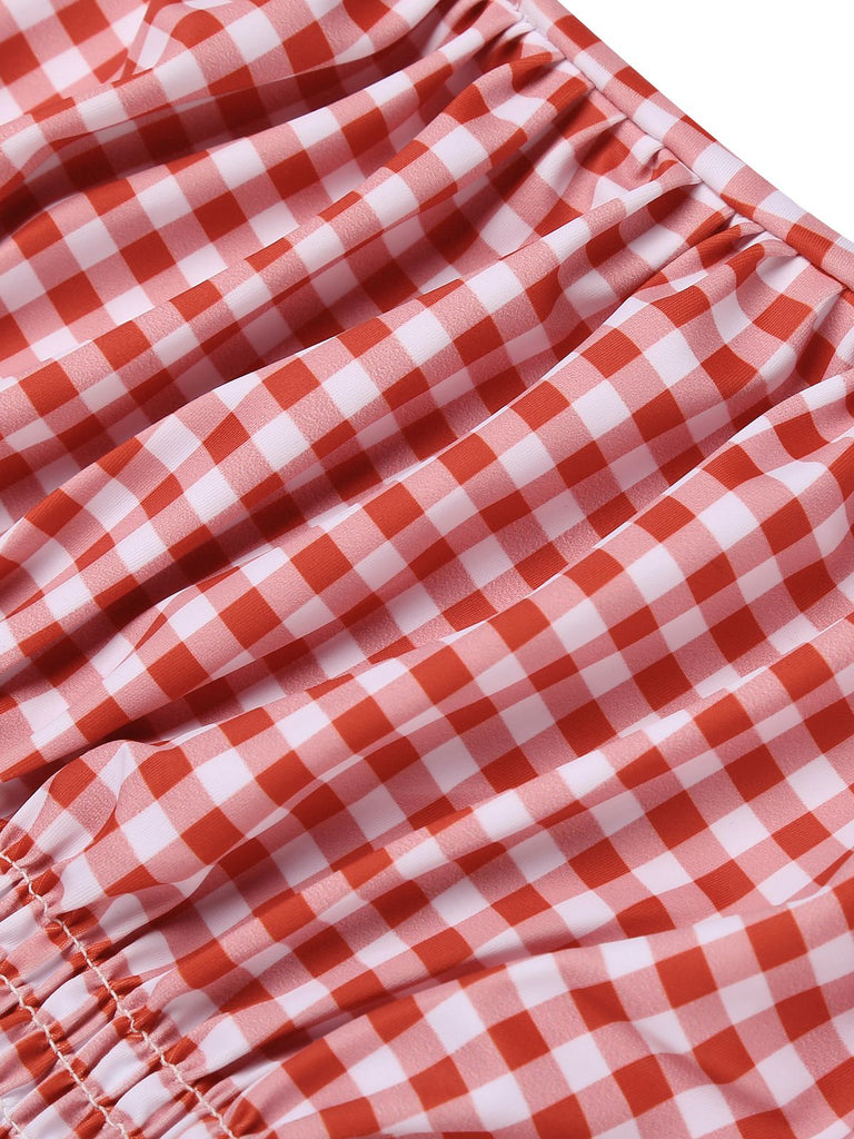 Costumi intero a quadri con fiocco rosso anni '50