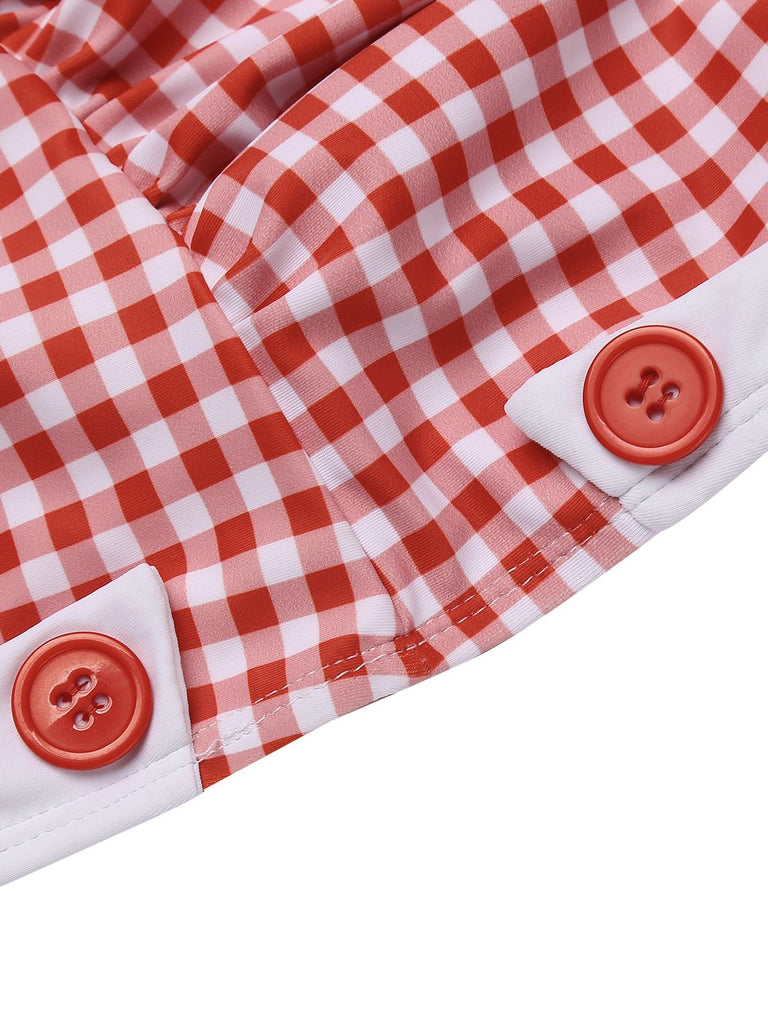 Costumi intero a quadri con fiocco rosso anni '50