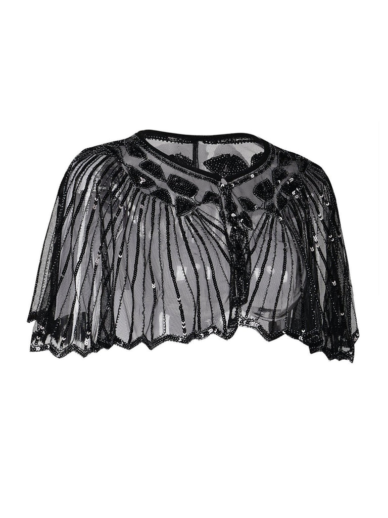 Mantello da flapper con paillettes e perline con scialle anni '20