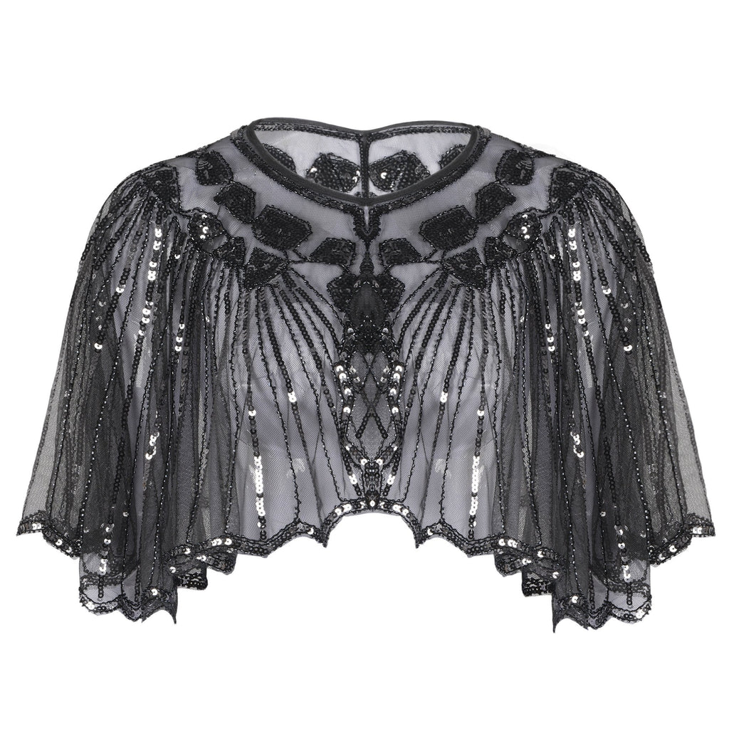Mantello da flapper con paillettes e perline con scialle anni '20